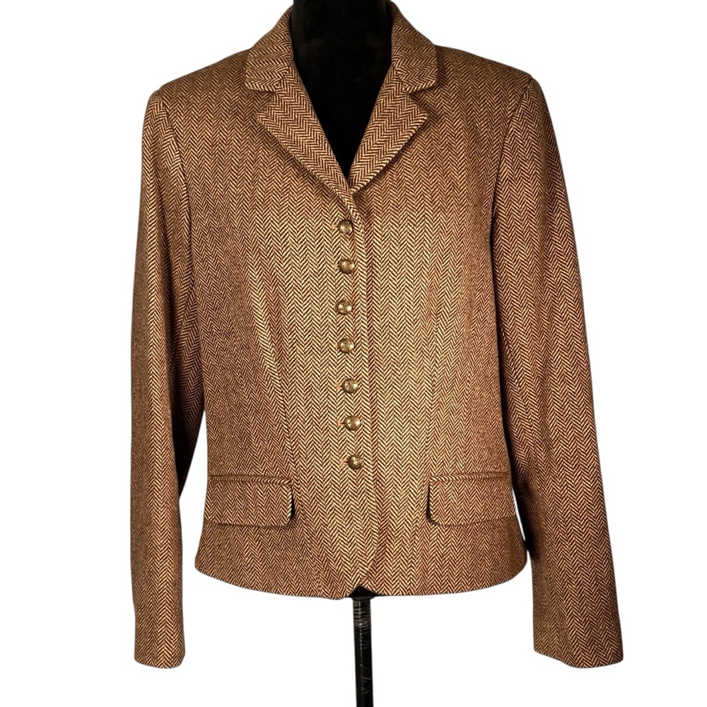 Chaps Women's Brown Herringbone Blazer with Gold Buttons